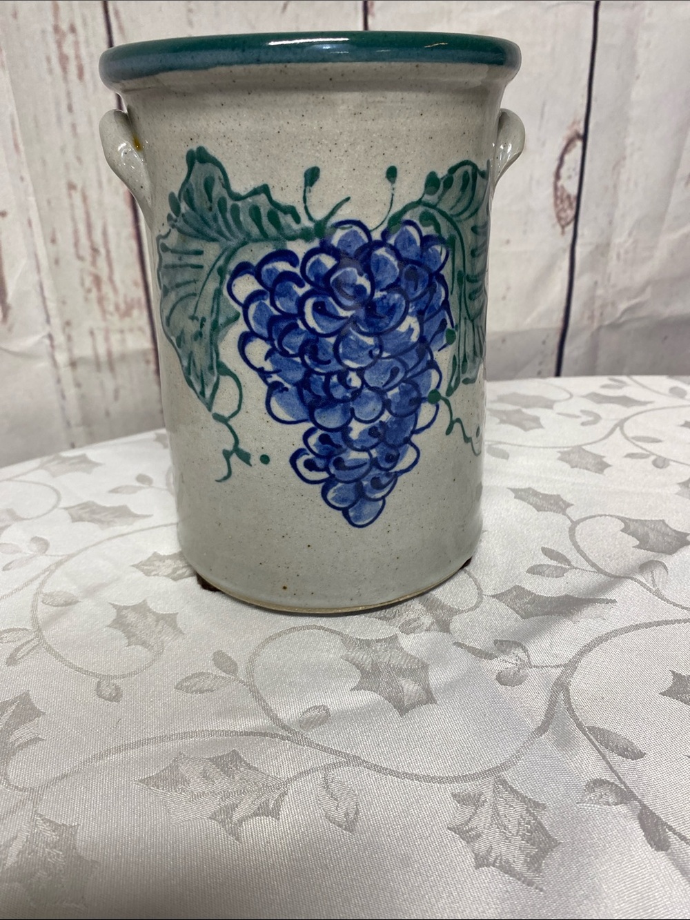 Hand-Painted Ceramic Crock with Blue Grape Motif - Home Art